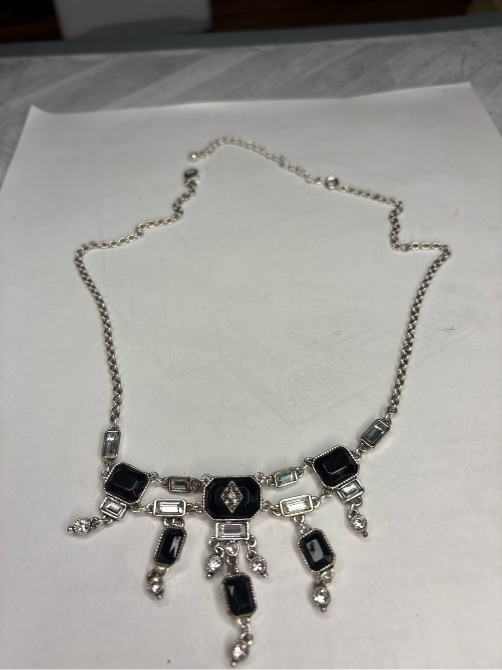 Vintage Style Black & Clear Rhinestone Silver-Tone Statement Bib Necklace